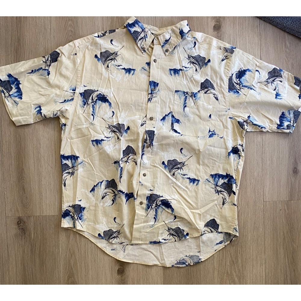 Puritan Mens XL Hawaiian Shirt Marlin Swordfish Fishing 100% Cotton Button Up
